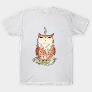 Watercolor cute owl and feathers. T-Shirt